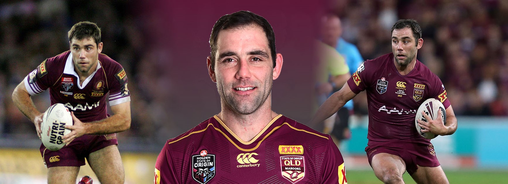 Cam Smith is about to break the all-time Origin appearance record. On debut (left) and during 2015 series (right).