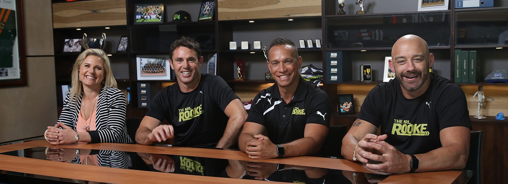 Kate Baecher, Brad Fittler, Adrian Lam and Mark Geyer in 'The War Room' on The NRL Rookie.