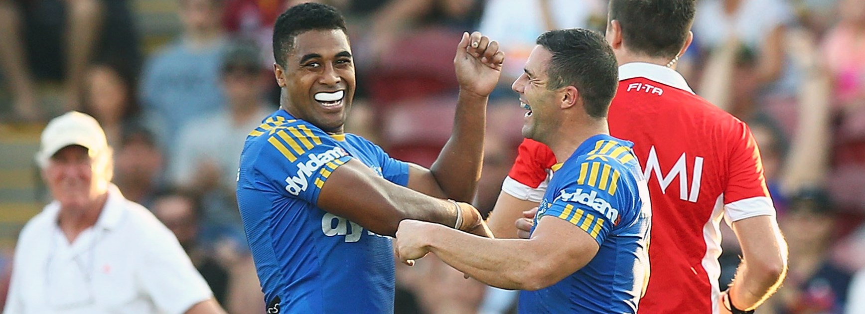 Michael Jennings and Michael Gordon celebrate during the Eels' Round 14 win over the Titans.