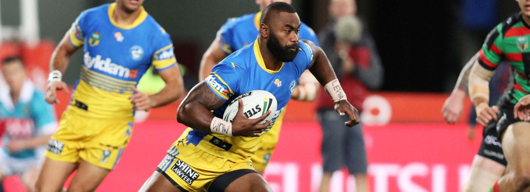 Semi Radradra takes a charge for the Eels against the Rabbitohs on Friday night.