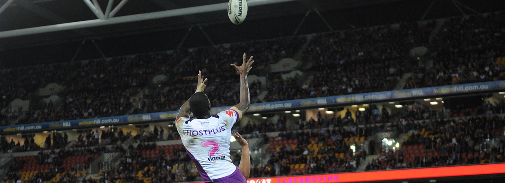 Suliasi Vunivalu soars above the Broncos to score a hat-trick at Suncorp Stadium.
