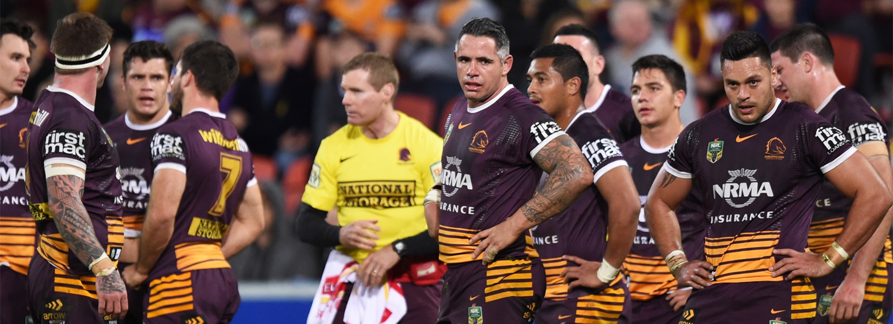 The Brisbane Broncos during their thrashing at the hands of the Storm.