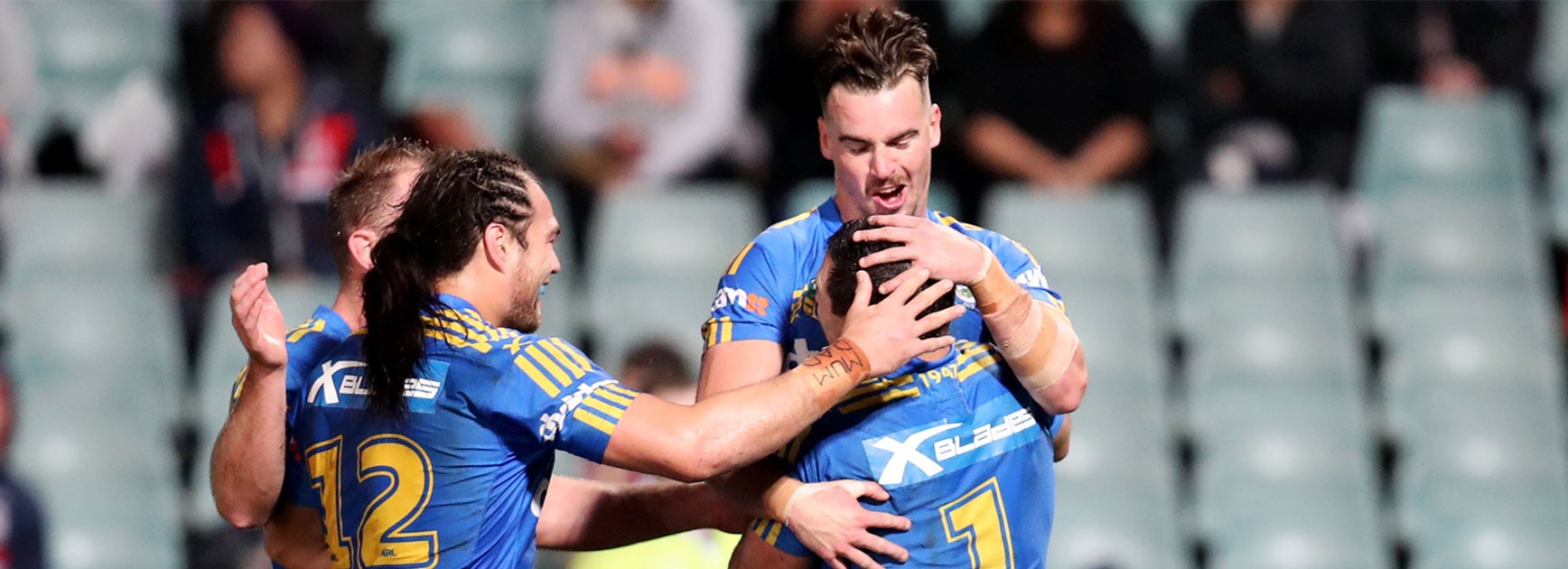 The Eels celebrate Michael Gordon's early try against the Roosters last week.