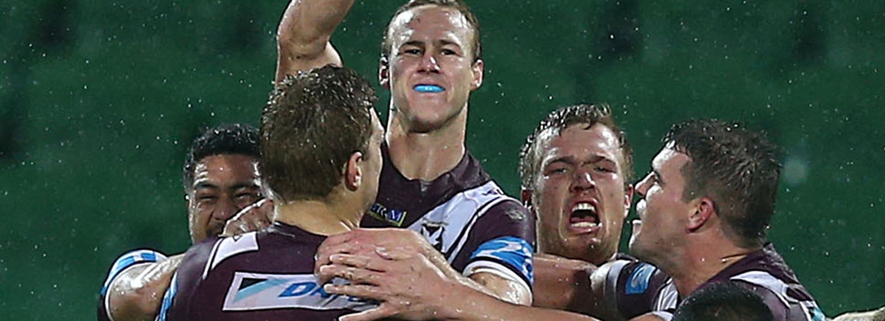 Daly Cherry-Evans celebrates his golden point winning field goal against the Warriors at nib Stadium.