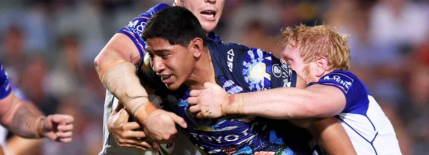 Jason Taumalolo makes a hit-up against the Bulldogs in Round 20.