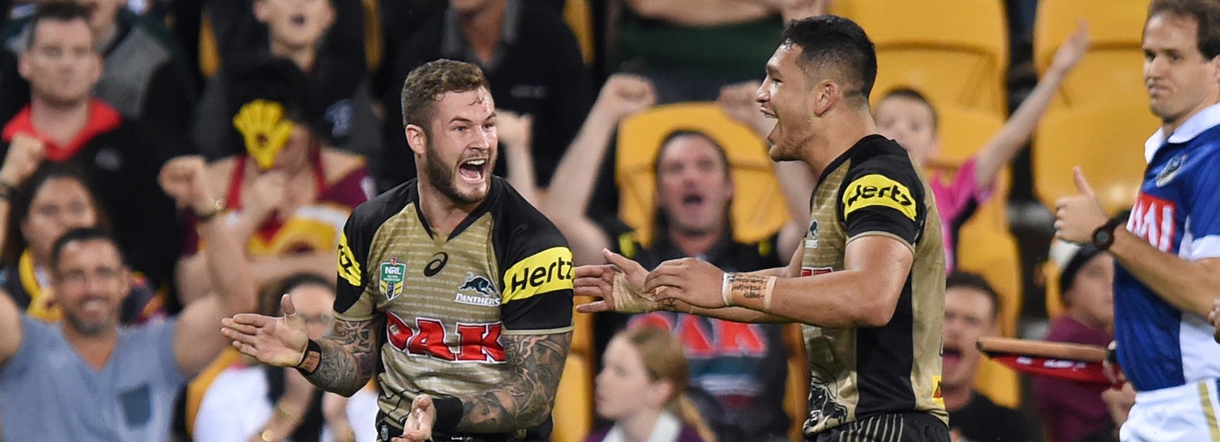 Zak Hardaker celebrates his first try for the Panthers at Suncorp Stadium.