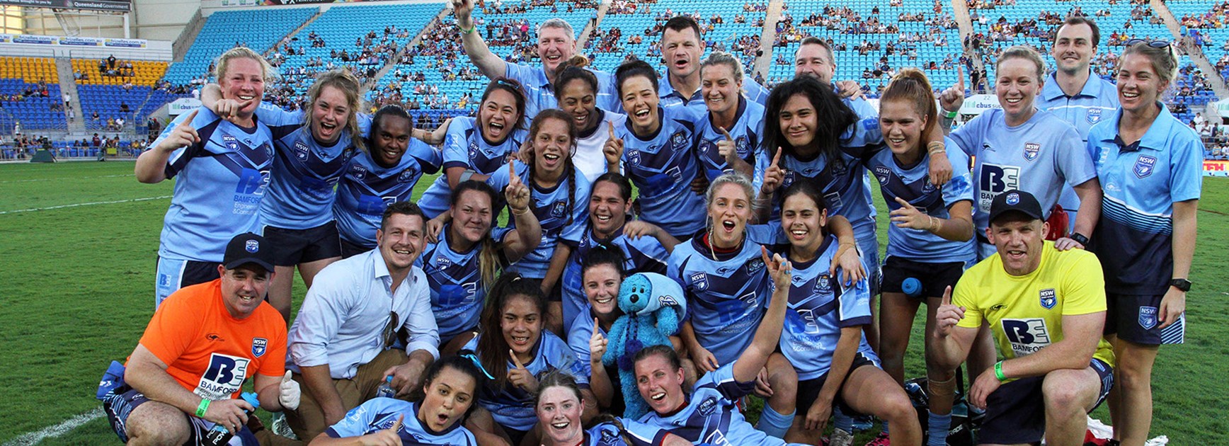The NSW Women's team celebrate their first Interstate Challenge victory.