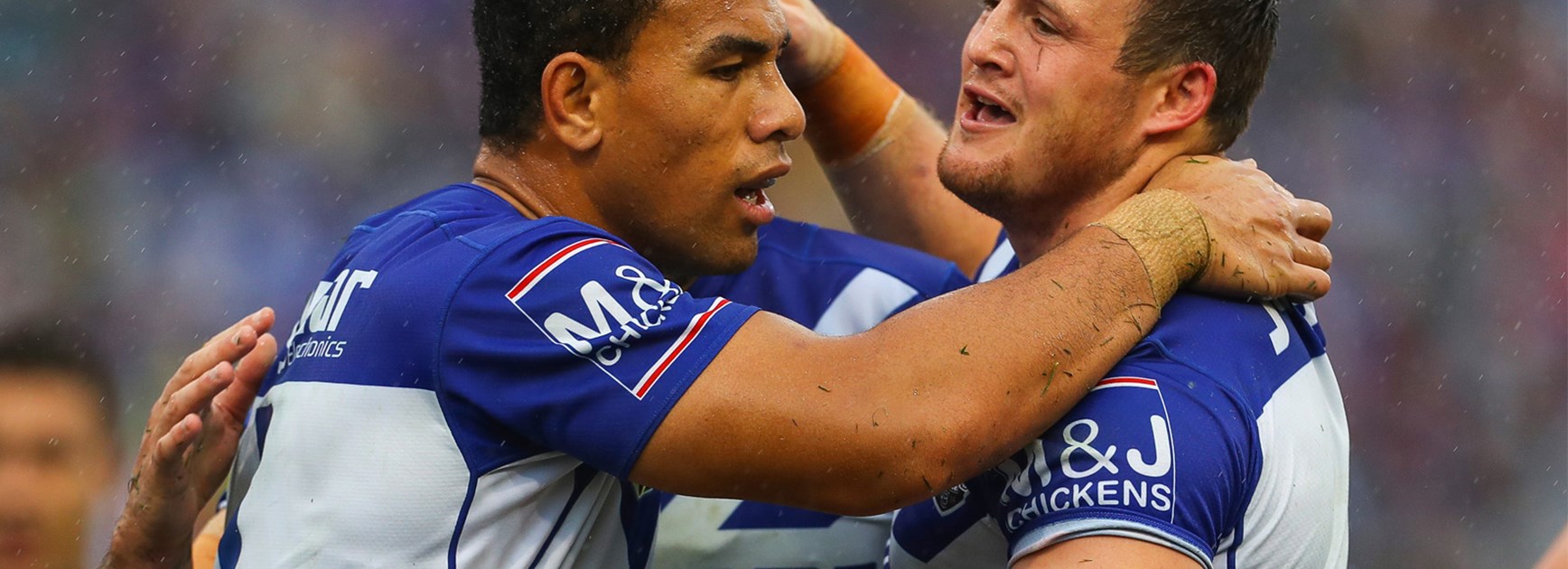 Will Hopoate and Josh Morris celebrate a try for the Bulldogs.