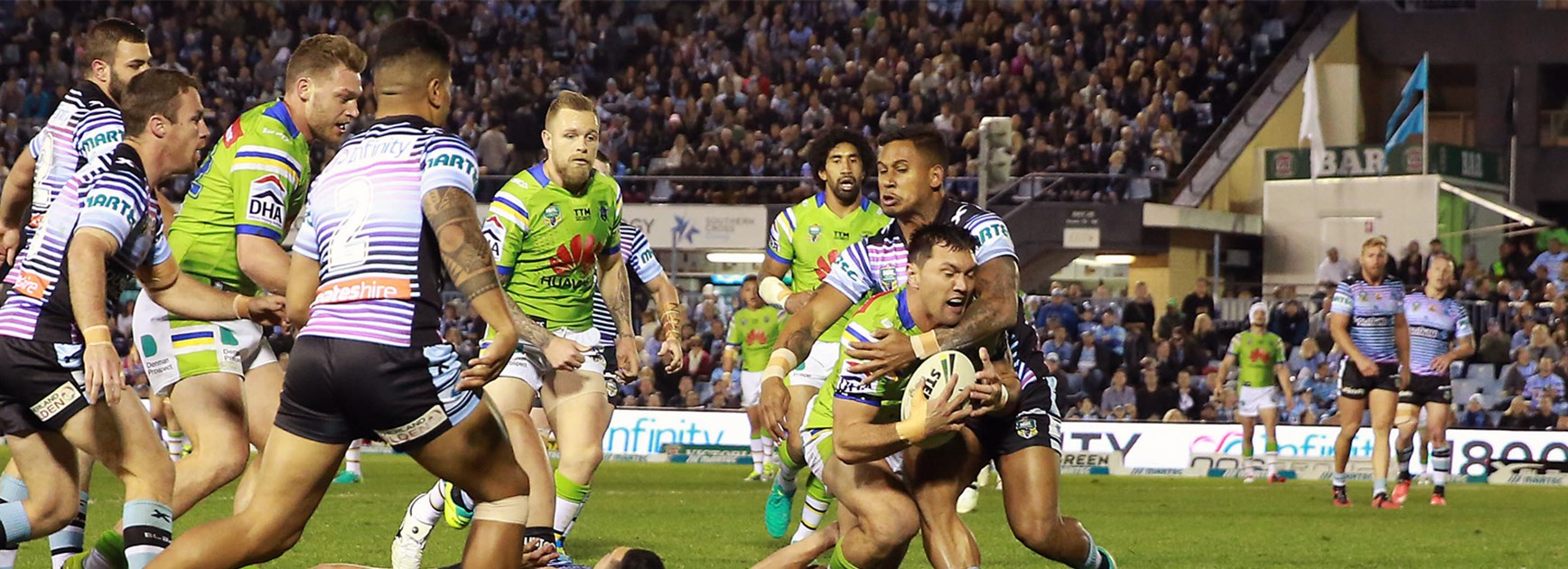 Jordan Rapana finds the tryline for the Raiders against the Sharks in Round 22.