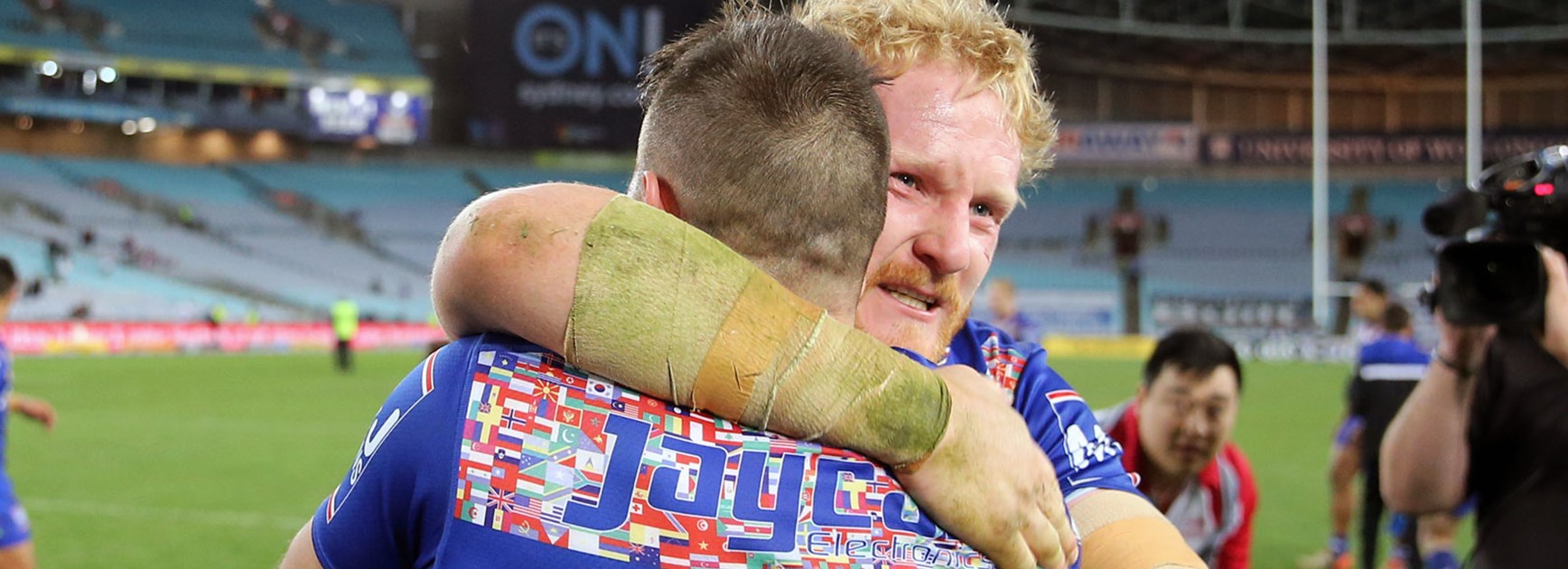 James Graham and Josh Reynolds following the Bulldogs' golden point win over Manly.