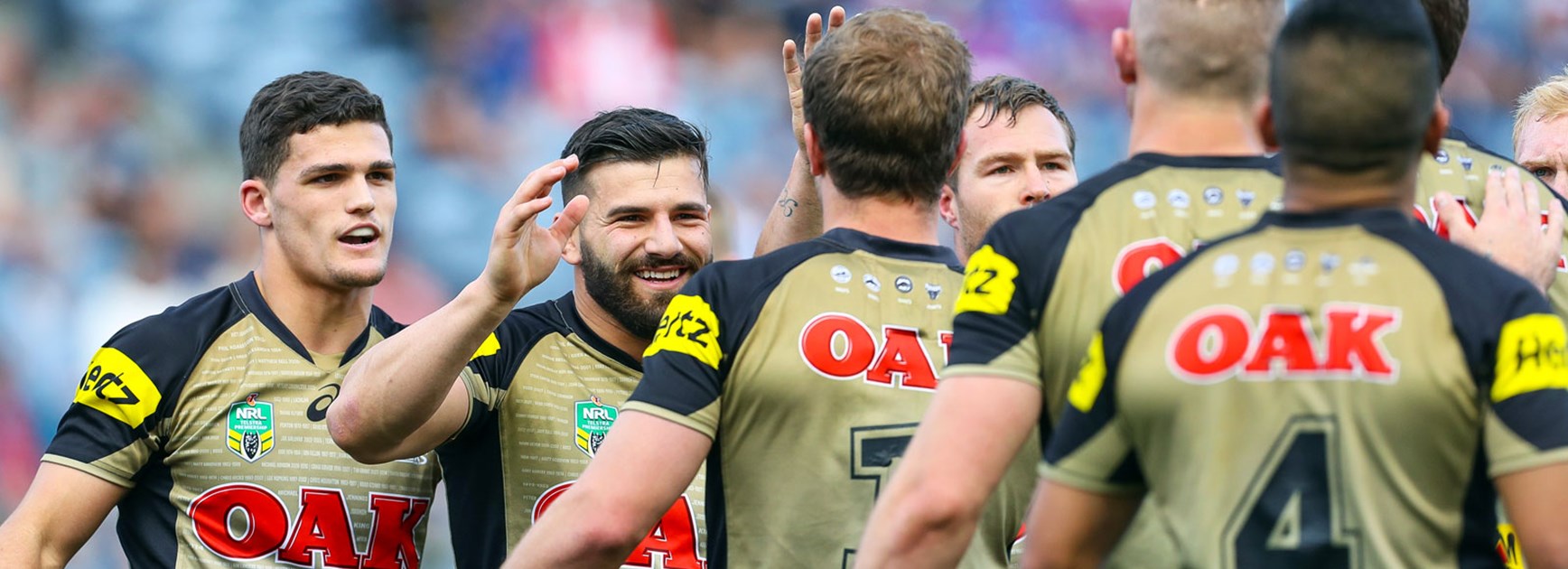 Panthers players celebrate during their Round 23 win over the Knights at Hunter Stadium.
