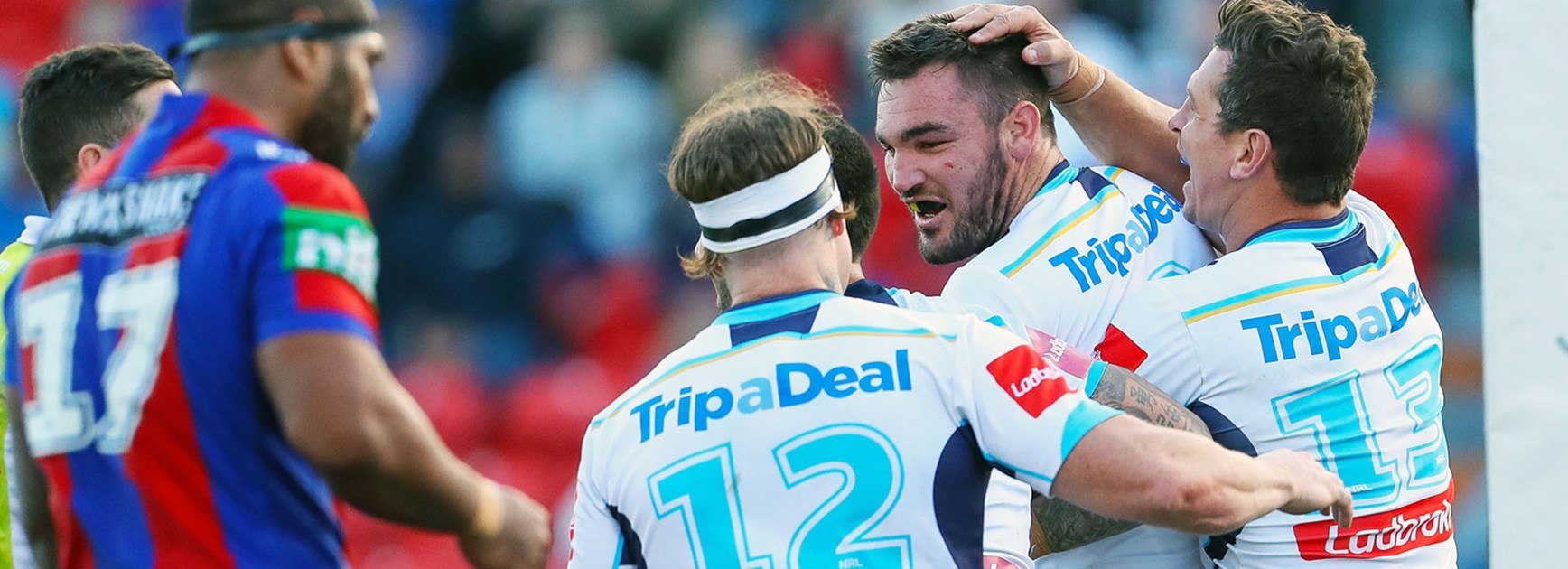 Titans prop Luke Douglas scored a try against the Knights in Round 24.