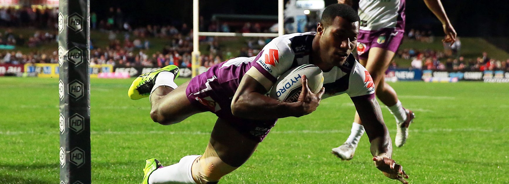 Suliasi Vunivalu scoring one of his four tries against the Sea Eagles in Round 24.