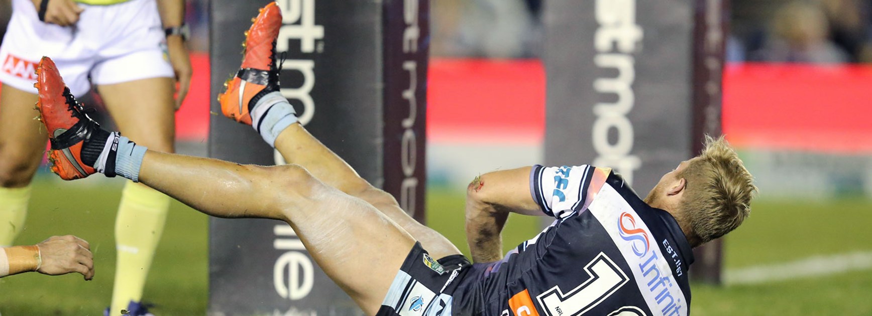 Sharks prop Matt Prior crashed over for a try against the Roosters.