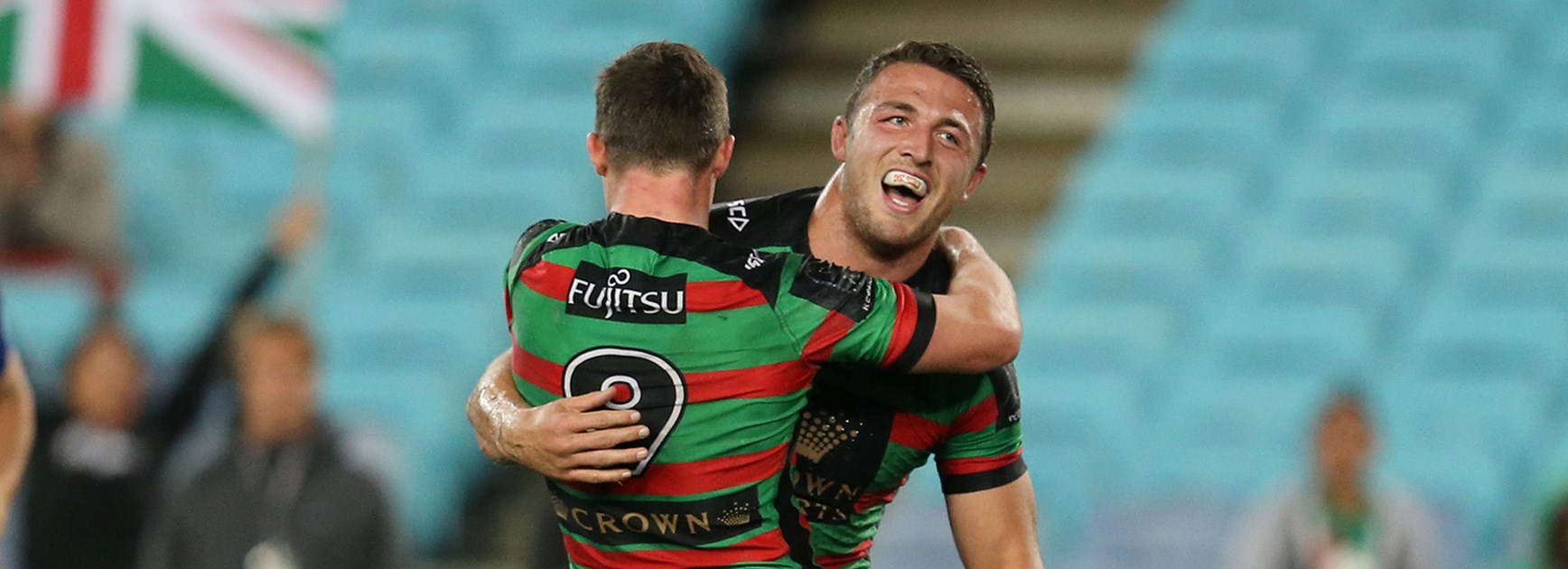 Sam Burgess celebrates his try against the Bulldogs.
