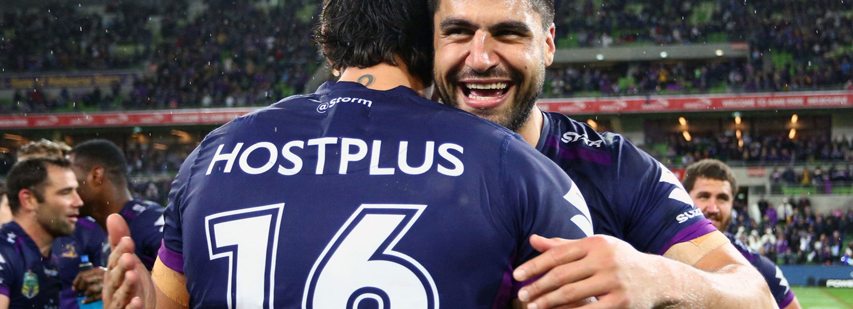Jesse Bromwich and Jordan McLean following the Storm's win over the Sharks.