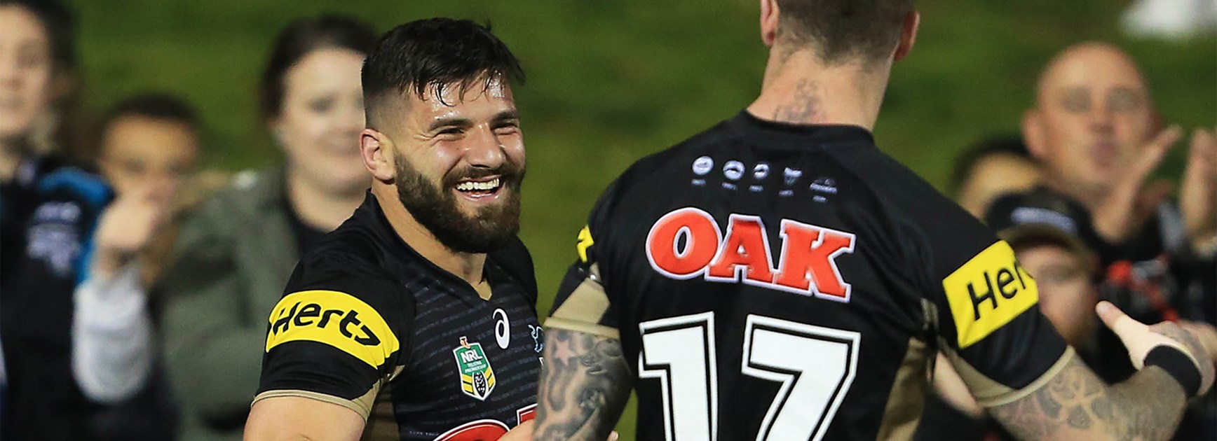 Josh Mansour celebrates a try for the Panthers against Manly on Sunday night.