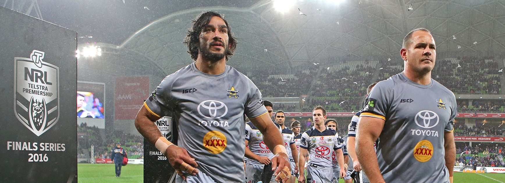 Cowboys players Johnathan Thurston and Matt Scott at the qualifying final against Melbourne Storm.