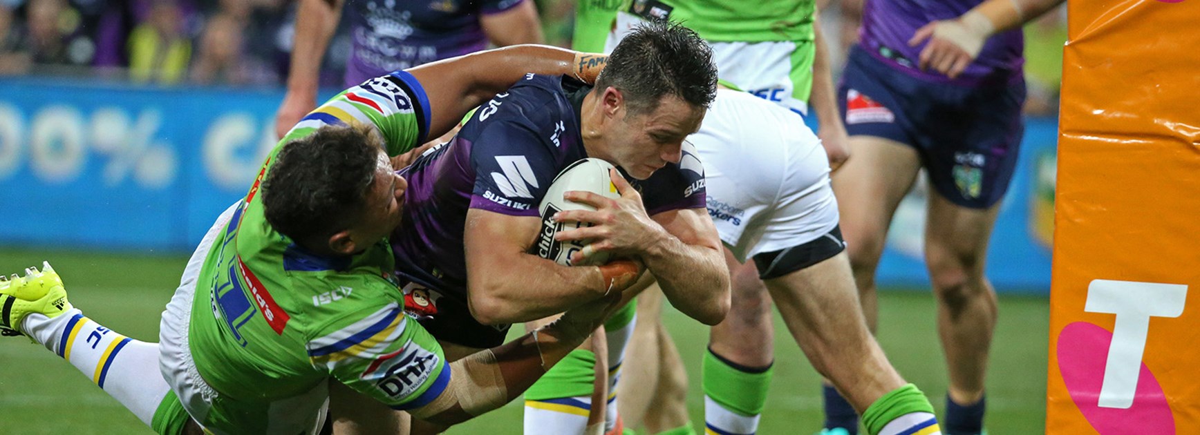 Cooper Cronk on his way to the tryline in his 300th game.