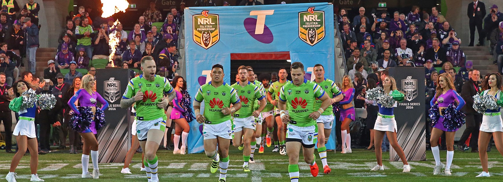 The Canberra Raiders run out on to AAMI Park to face the Storm in a preliminary final.