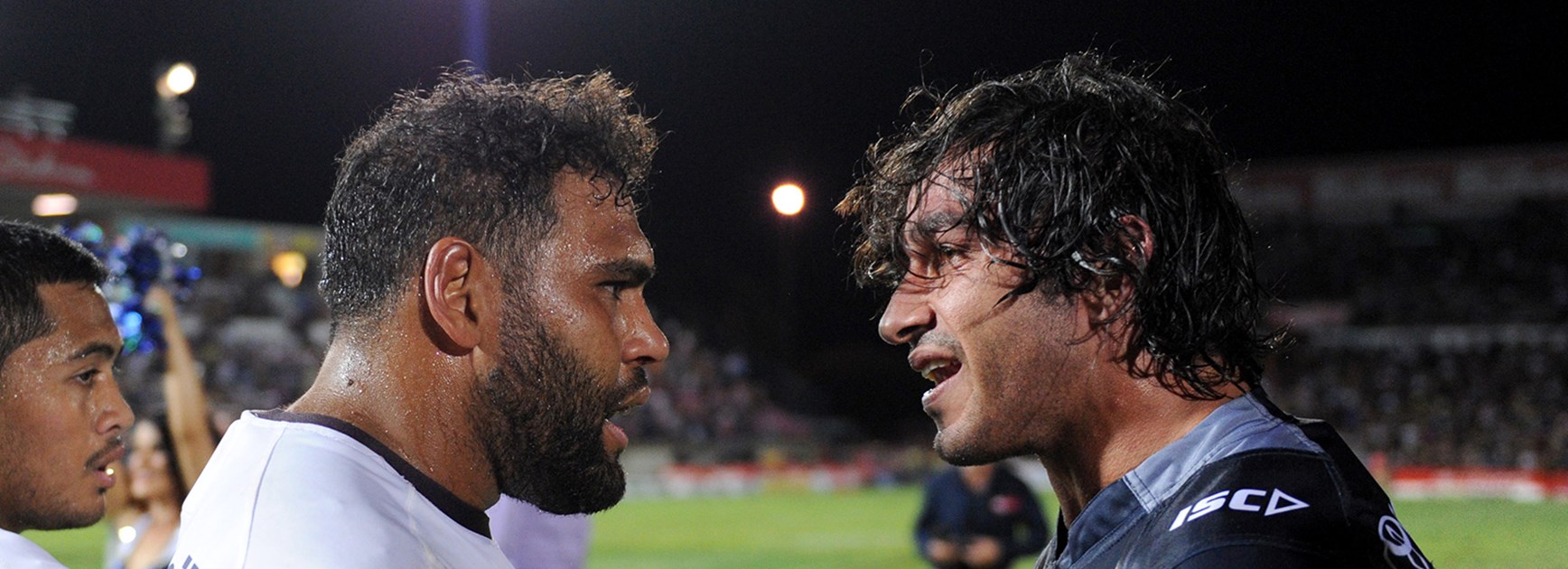Sam Thaiday and Johnathan Thurston after the Round 11 clash between the Broncos and Cowboys.