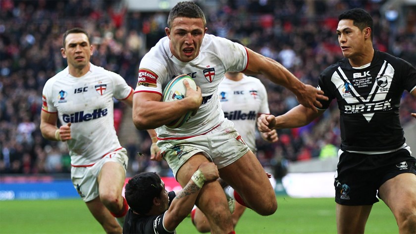 Sam Burgess in action for England against New Zealand.