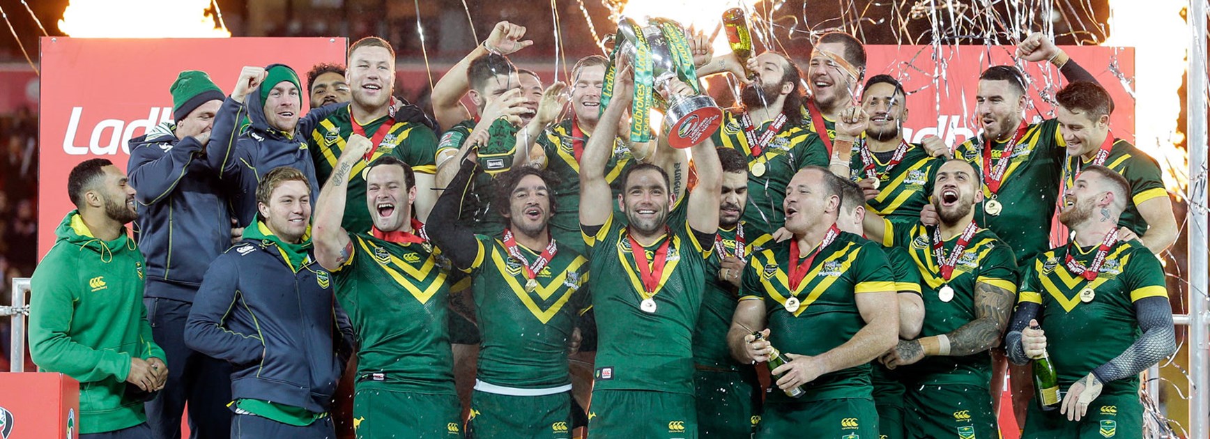 Kangaroos players celebrate following their Four Nations tournament victory.