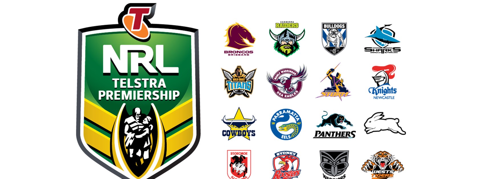 NRL Telstra Premiership logo and the 16 NRL club logos.