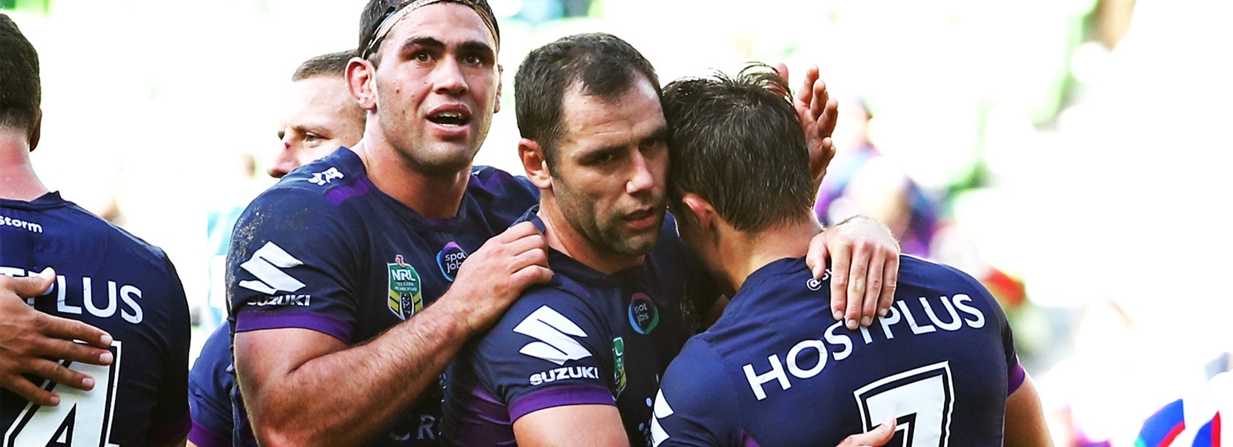 Cameron Smith and Cooper Cronk during Melbourne's Round 5 win over Newcastle.