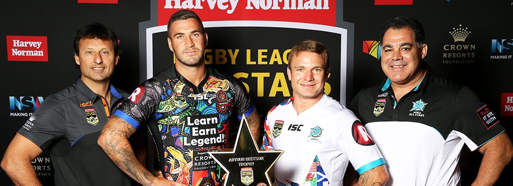 Indigenous All Stars coach Laurie Daley, Indigenous All Star Joel Thompson, World All Star Jake Friend and World All Stars coach Mal Meninga.
