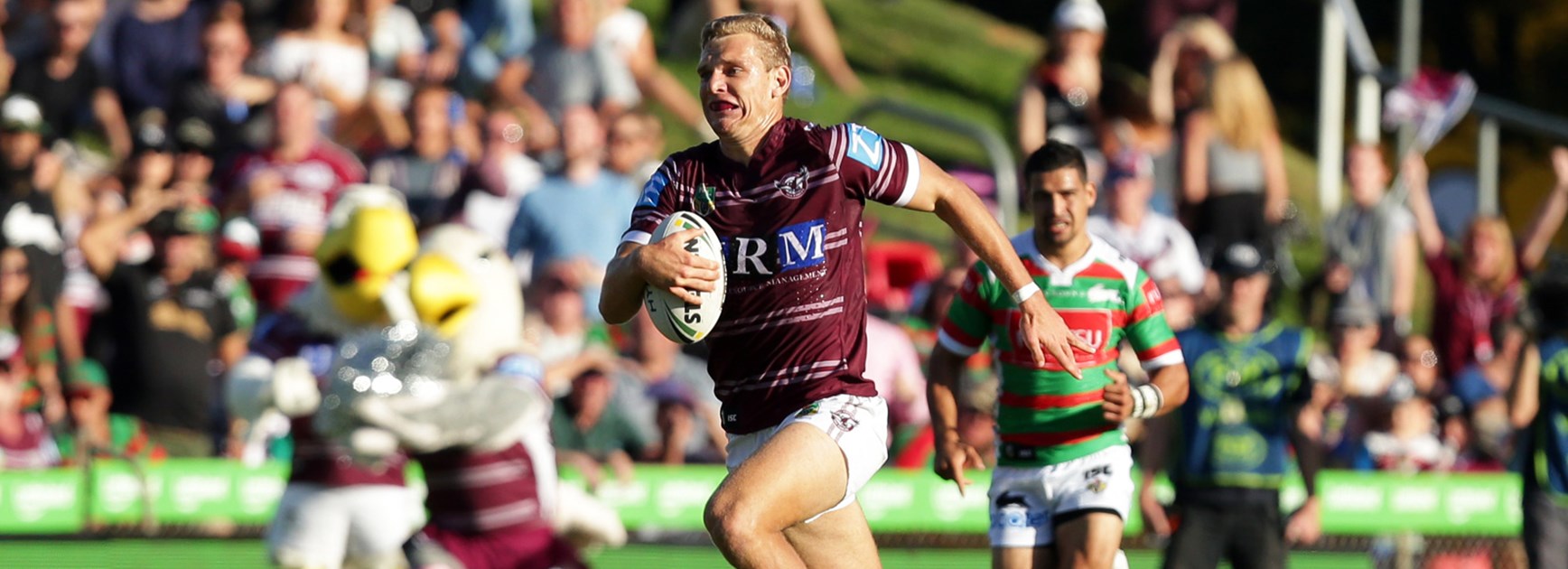 Tom Trbojevic breaks clear against the Rabbitohs on Saturday.