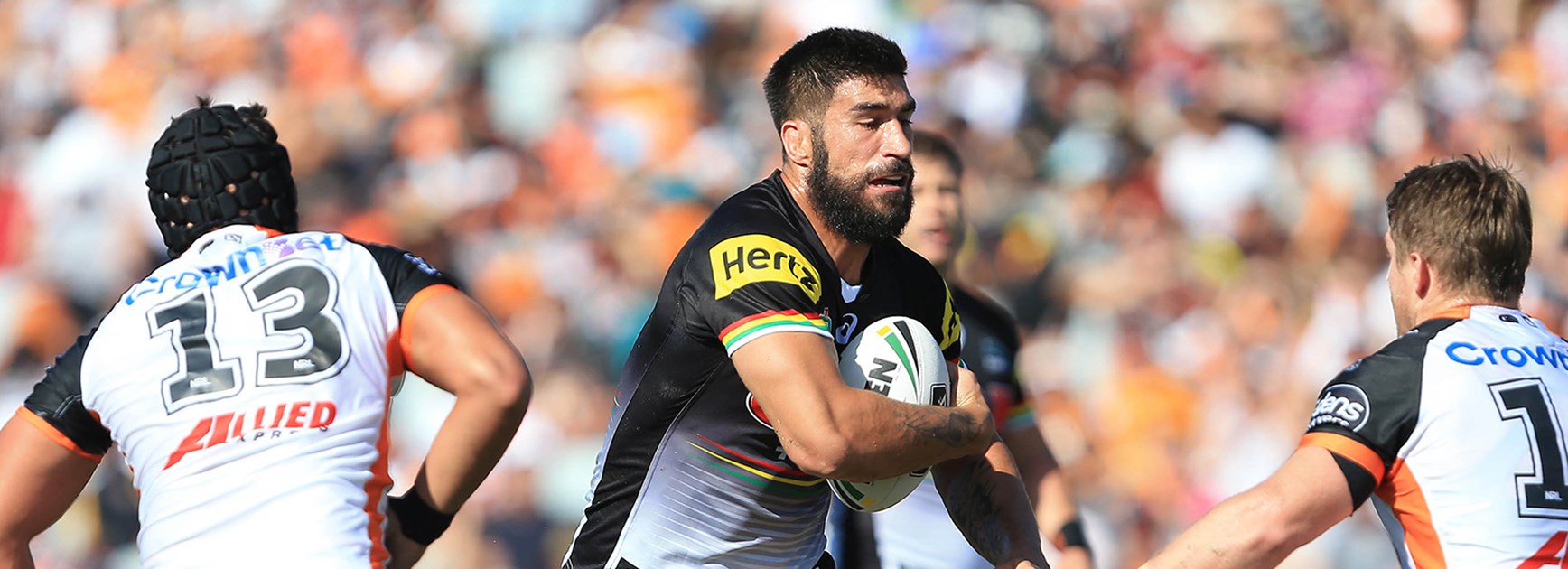 Panthers prop James Tamou takes a hit-up against Wests Tigers in Round 2 of the Telstra Premiership.
