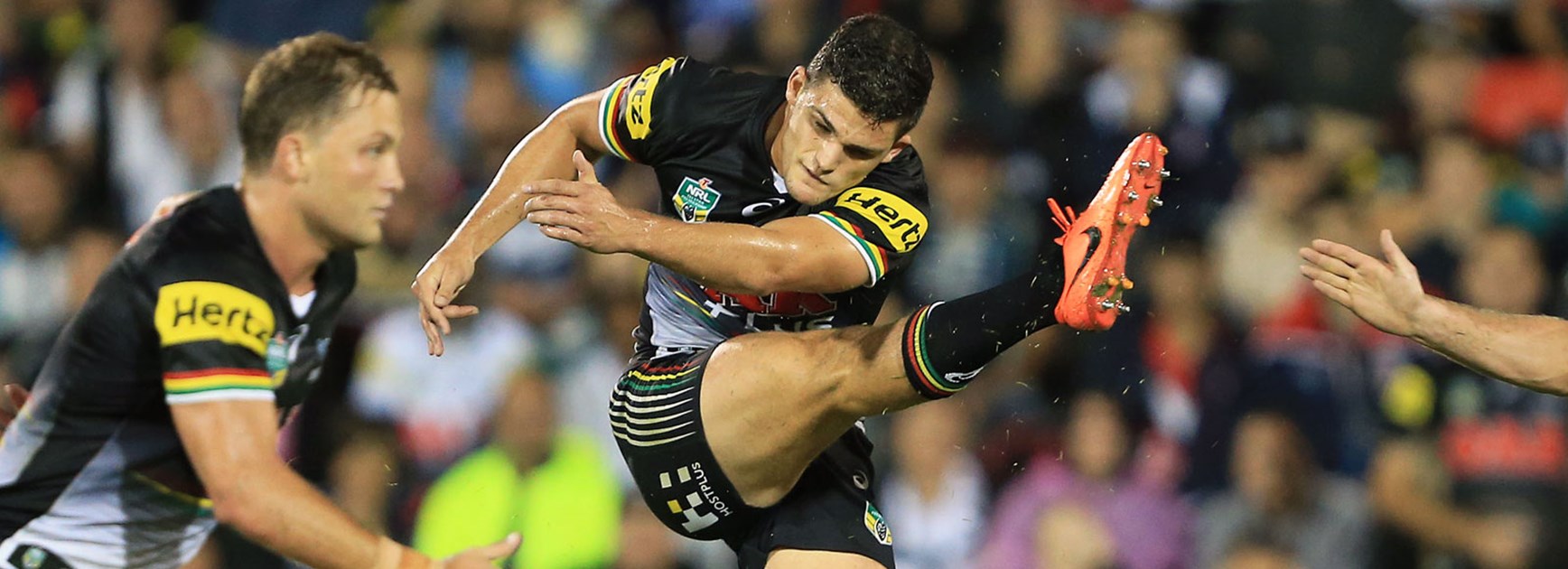 Nathan Cleary puts up a kick against the Roosters in Round 3.