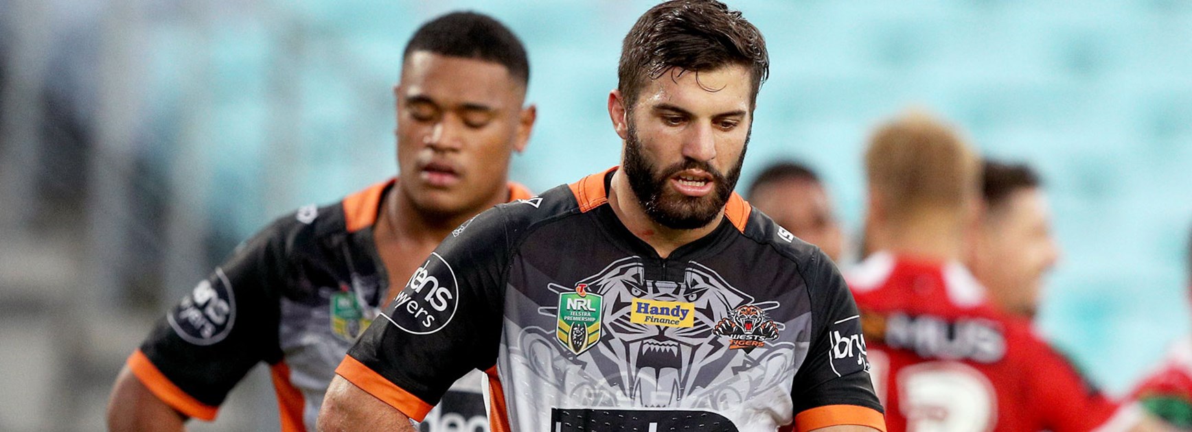 Wests Tigers fullback James Tedesco against the Dragons.