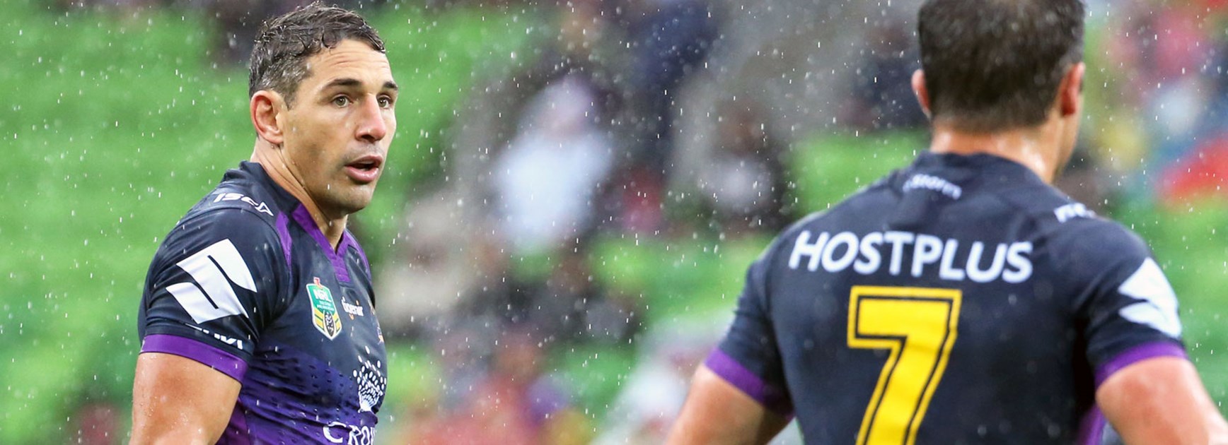Storm fullback Billy Slater turns to Cooper Cronk during their side's loss to the Sharks.