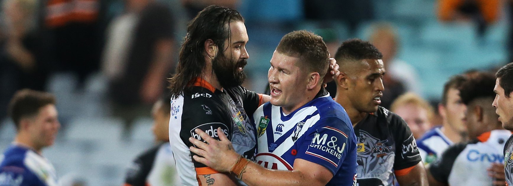 Aaron Woods and Greg Eastwood after the Wests Tigers win over the Bulldogs in Round 8.