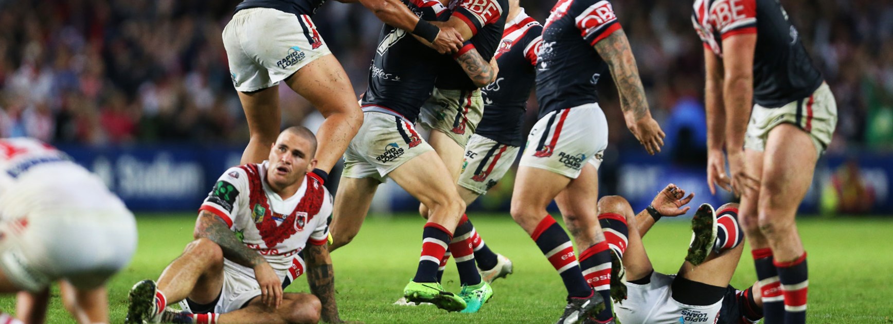 The Roosters celebrate Mitchell Pearce's golden point winning field goal on Anzac Day.