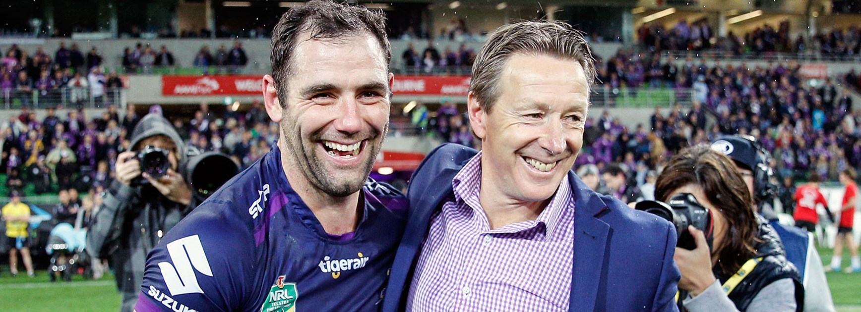 Storm captain Cameron Smith and coach Craig Bellamy following their side's Round 26 triumph over the Sharks.