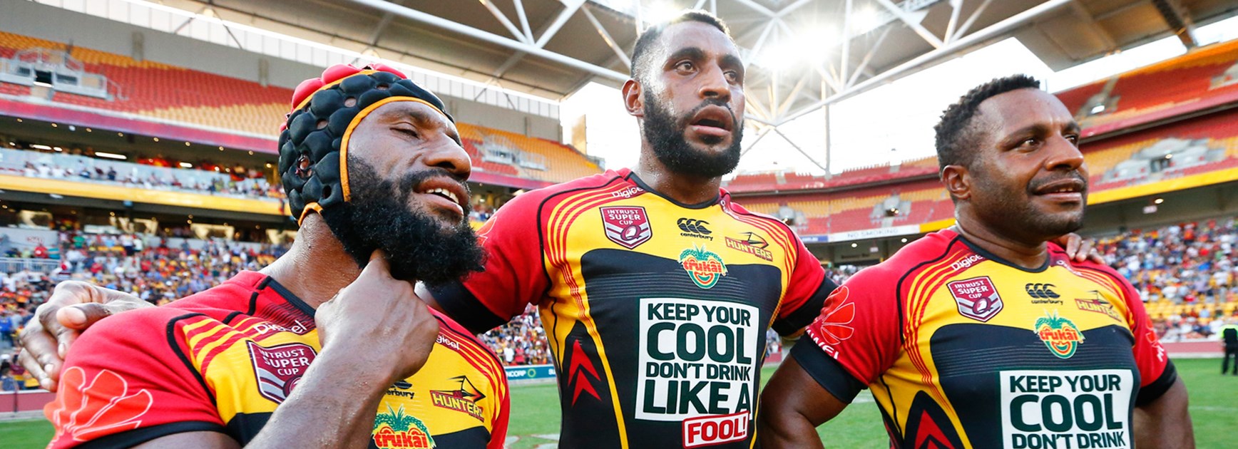 Wellington Albert (centre) has promised to continue the education of his PNG Hunters teammates prior to Sunday’s Intrust Super Championship.