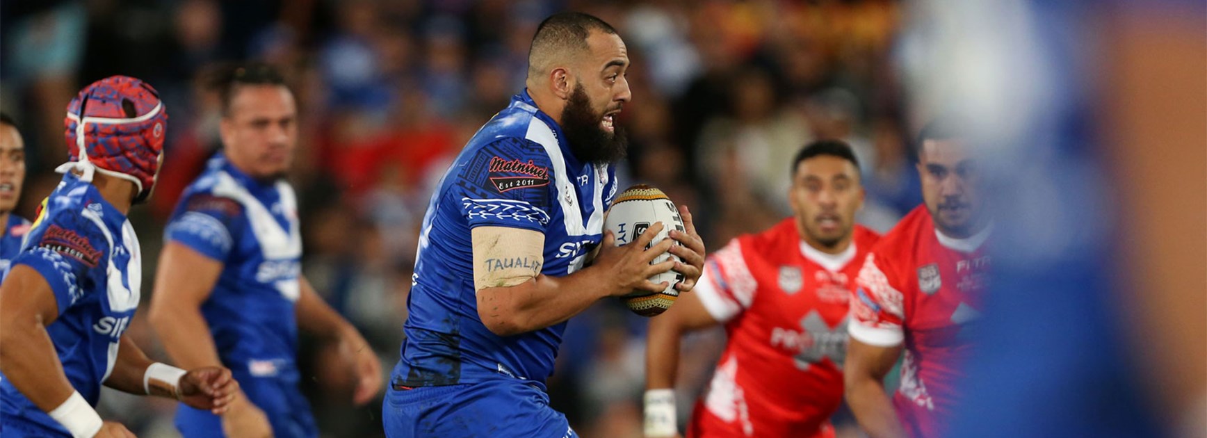 Frank Pritchard takes a hit-up for Samoa against Tonga on Saturday night.