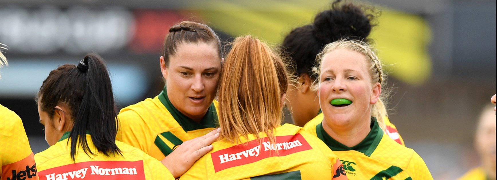 The Jillaroos celebrate a try in their big win over the Cook Islands in the 2017 World Cup.
