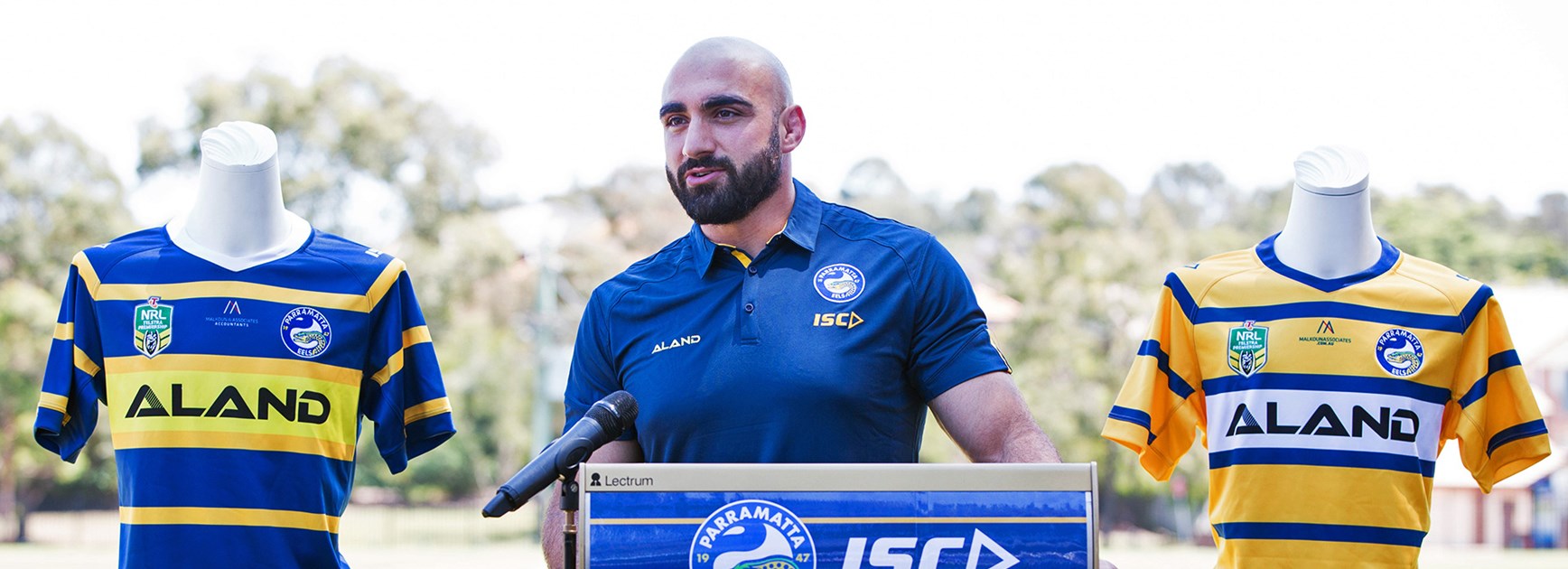 Parramatta Eels captain Tim Mannah at the unveiling of the club's 2018 playing strip.