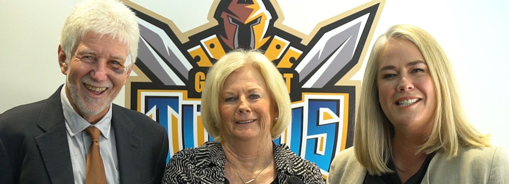 New Gold Coast Titans owners Darryl and Joanne Kelly and Rebecca Frizelle.