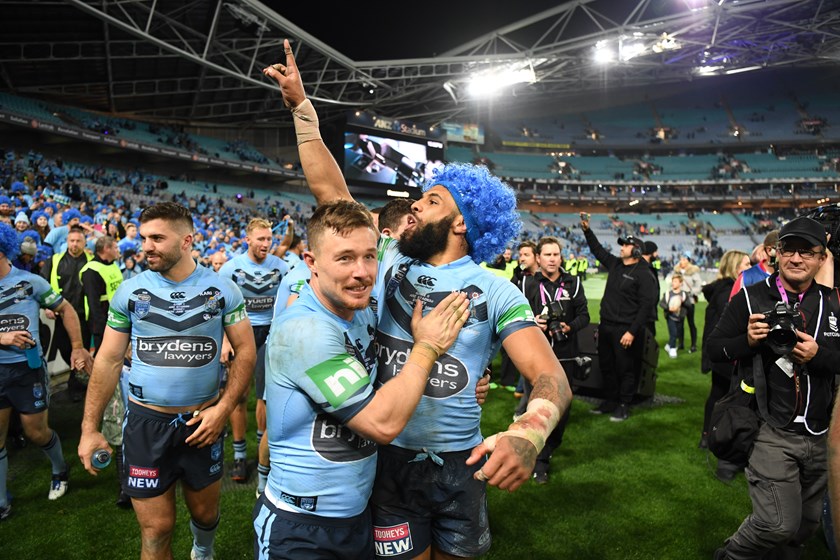 Josh Addo-Carr salutes the fans with Damien Cook after the Origin II win at ANZ Stadium.