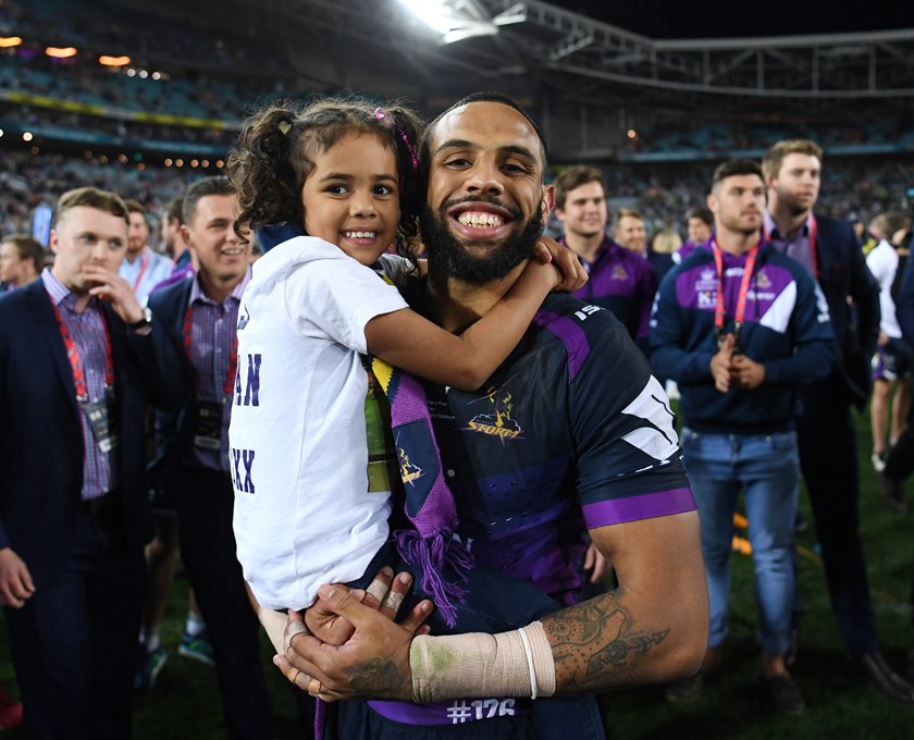 Josh Addo-Carr with daughter Shakira after the 2017 grand final win.