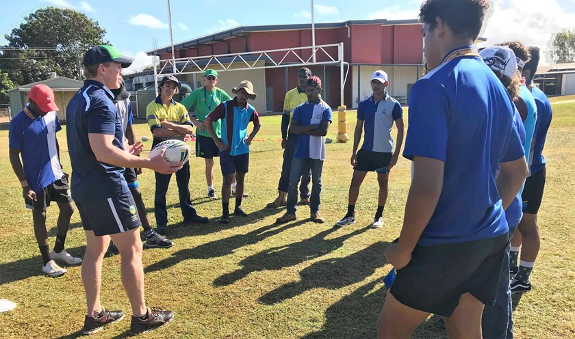 Former Canberra Raiders captain Alan Tongue in the Queensland town of Weipa as part of the Voice Against Violence campaign.