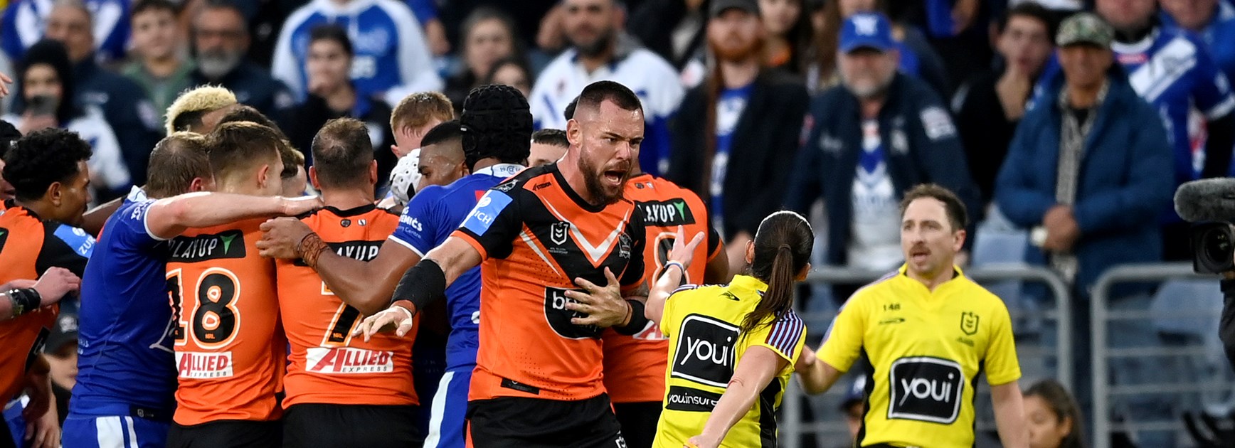 Referee Kasey Badger tells David Klemmer to leave the field after earlier being sinbinned.