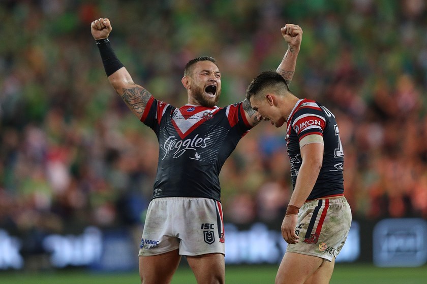 Jared Waerea-Hargreaves celebrates the Roosters 2019 grand final win against Canberra 