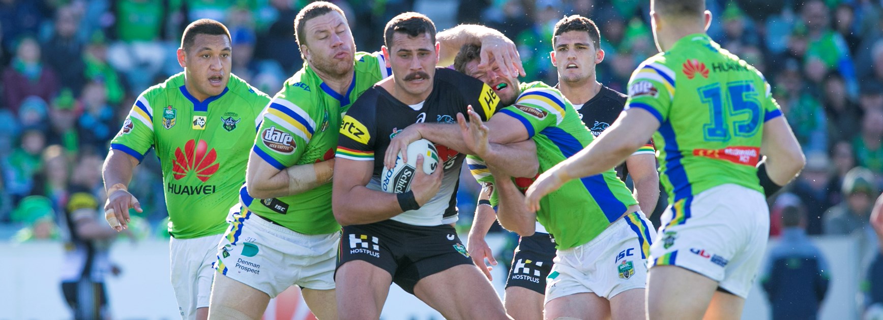 Penrith Panthers prop Reagan Campbell-Gillard takes on the Canberra Raiders defence.
