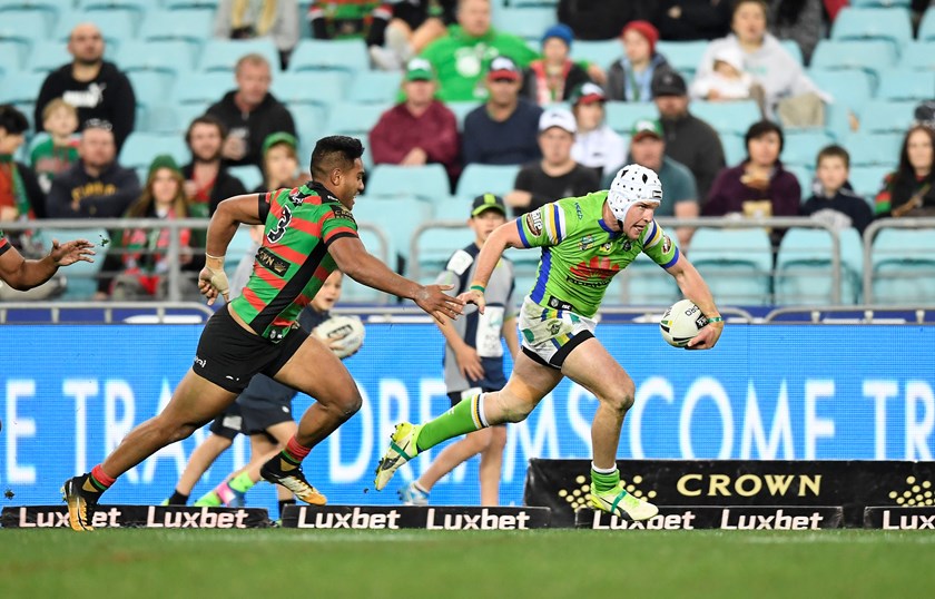 Canberra Raiders centre Jarrod Croker takes on the South Sydney defence.